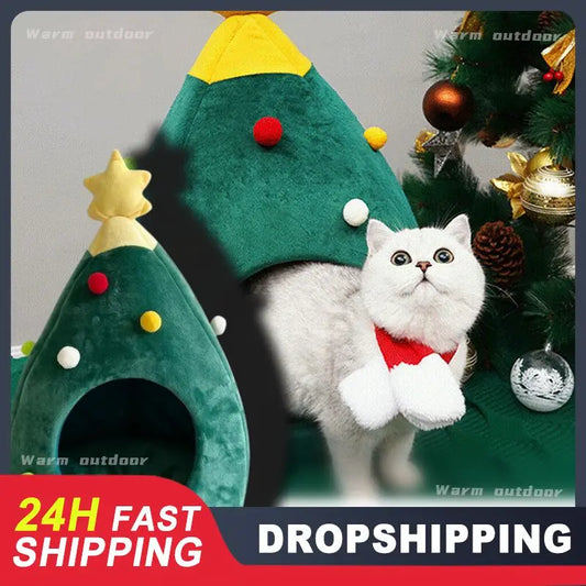 Exquisite Workmanship Cat Beds House Soft Nest Christmas Tree Shape Pet Bed Semi-closed Cat Cave Tent Litter Home Pet Products - Livandy